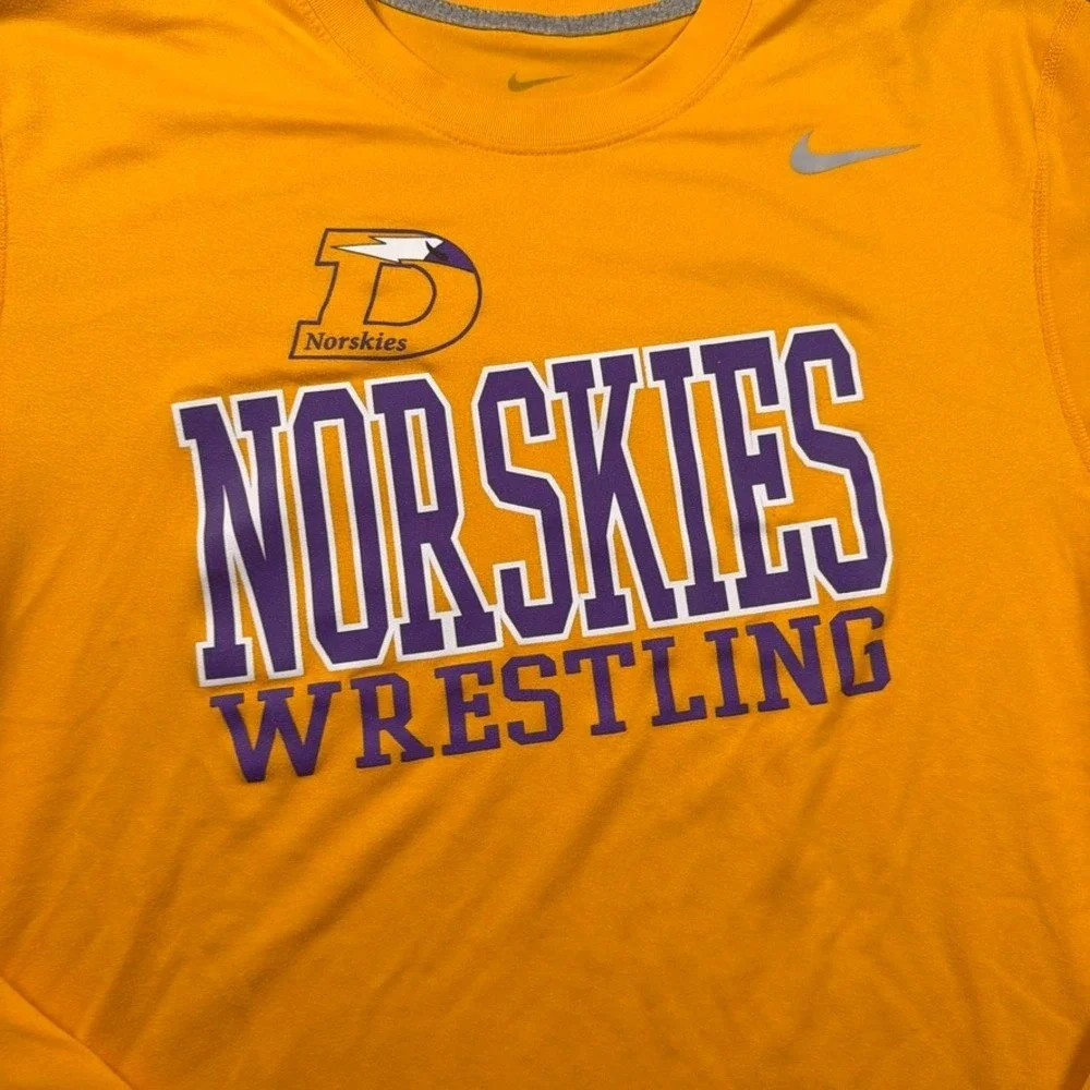 Nike Dri-FIT Shirt Mens Large Orange DeForest Norskies Wrestling Long Sleeve